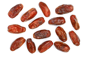 dry dates isolated on white background. Top view. Flat lay pattern