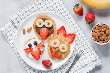 Funny pancakes with animal faces for kids on white plate. Top view