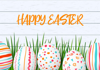 Happy Easter. Easter colorful eggs in row with different simple colorful ornaments. white wooden scandinavian