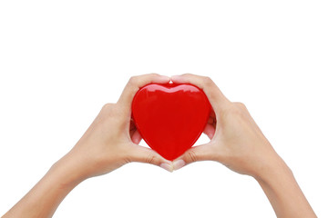 Hands holding small gift heart on Valentine's Day isolated on white background.