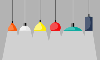 Hanging lamps, set. Chandeliers, lamps, bulbs - elements of modern interior. Vector illustration, isolated.