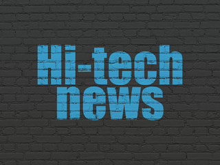 Fototapeta premium News concept: Painted blue text Hi-tech News on Black Brick wall background