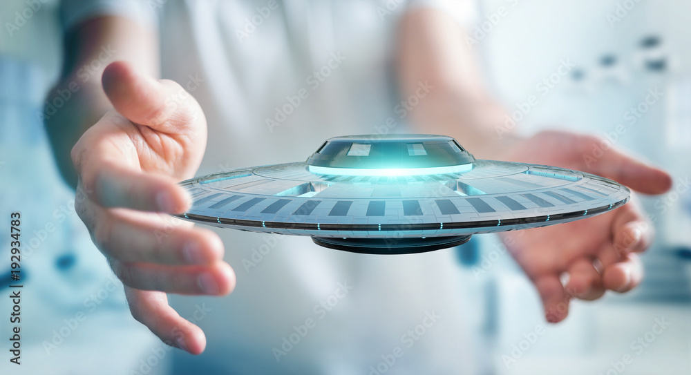 Poster Businessman with retro UFO spaceship 3D rendering