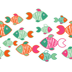 Seamless pattern with fishes in the sea. Cute cartoon. Textile rapport.
