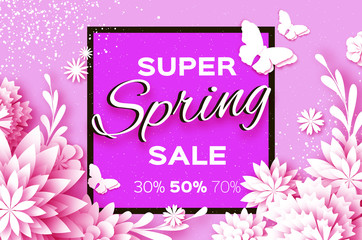 Origami white Super Spring Sale Flowers Banner. Paper cut Floral card. Spring blossom. Happy Womens Day. 8 March. Text. Seasonal holiday on pink. Spring Sale Poster, Flyer, voucher discount.