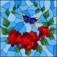 Naklejki  Ilustracja w stylu witrażu z czerwonymi kwiatami i liśćmi róży oraz niebieskim motylem, kwadratowe zdjęcie