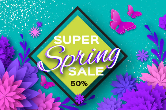 Origami violet Super Spring Sale Flowers. Butterfly. Paper cut Floral card.Happy Womens Day. 8 March. Text. Seasonal holiday on blue. Rhombus frame. Spring Sale Poster, Flyer, voucher discount.