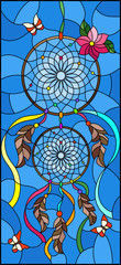 Illustration in stained glass style with dream catcher and butterflies on sky background