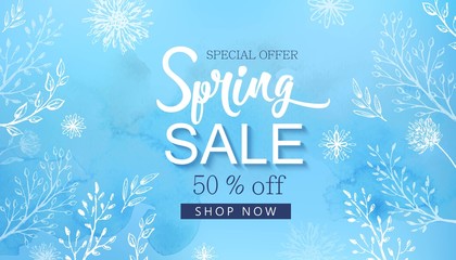 Spring sale banner with cherry blossoms, flowers
