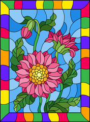 Illustration in stained glass style with three bright pink flowers  , buds and leaves on a blue background in a frame
