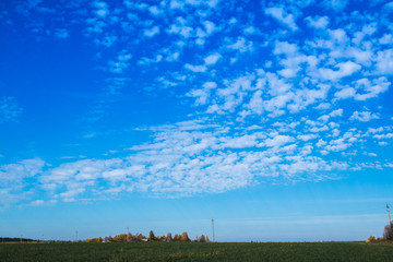 Blue sky with clouds and meadow with yellow grass