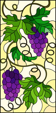 The illustration in stained glass style painting with a bunch of red grapes and leaves on a yellow  background,vertical image