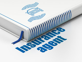 Insurance concept: closed book with Blue Car And Palm icon and text Insurance Agent on floor, white background, 3D rendering