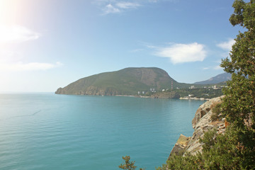 View from Cape Plaka to the Ayu-Dag mountain. Crimea, Russia.