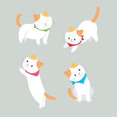 Cartoon cute actions orange and white cat vector. Grey background.
