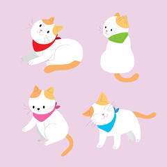 Cartoon cute actions orange and white cat vector. Purple background.