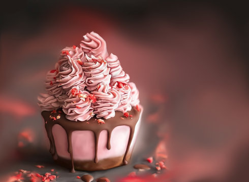 3d realistic illustration. Romantic cake for holiday. Muffin on a blurred background, bokeh. Sweet and delicious cupcake with cream-colored roses.