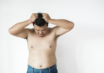 Fototapeta premium Fat man does not wear a shirt,overweight man trying on cloth ,on white backgroun, copy space