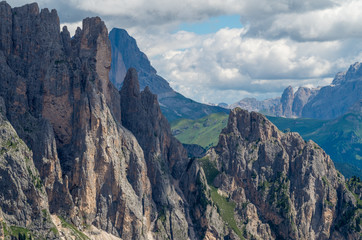 Scenic view of Dolomites Marmolada, Passo Pordoi, near Canazei of Val di Fassa, Trentino-Alto-Adige region, Italy. Rocks and tombs