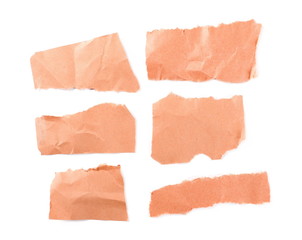 Orange paper scraps, set and collection, isolated on white background, top view