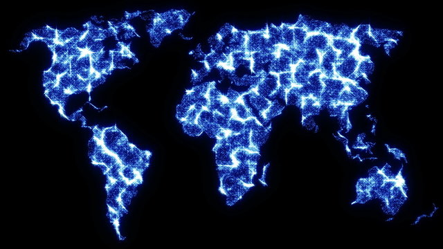 Abstract background of a world map with luminous particles. 3D rendering