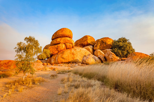 Karlu Karlu, also known as The Devil's Marbles, is a popular destination for traveler's in the Australian Outback. The Devil's Marbles are located in Northern Territory's Red Centre. NT, Australia.