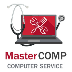 Computer repair service. Laptop with screwdriver and wrench. PC repair label. Desktop Service.
