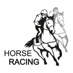 Fototapeta na wymiar Horse racing. Jockey on racing horse running to the finish line. Race course
