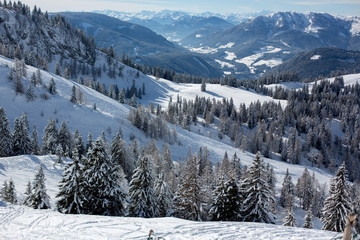 Scenery winter snowy landscape in Austrian Apls in ski areal