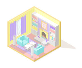 Vector isometric low poly cutaway interior illustartion. Living room with blue armchairs, coffee table, fireplace and other furniture in pastel colors. Cozy atmosphere