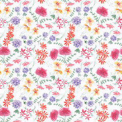 Seamless watercolor floral pattern. Red, orange, pink flowers in the white background.