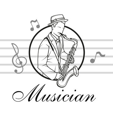 Artists musician Playing. Saxophone player. Musician plays the instrument. Musician logo. Musical staff.