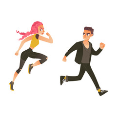 Fototapeta na wymiar Vector cartoon ranaway people set. Sportive girl with pink hair and casual clothing young man running with afraid face looking back. Isolated illustration on a white background