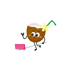 Funny coconut character with human face making selfie with monopod and smartphone, cartoon vector illustration isolated on white background. Cartoon coconut cocktail character making selfie