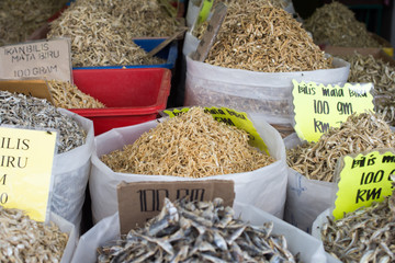 Perak, Malaysia - 14 JANUARY 2017 : Various type of dried anchovy for sale at local store in Lumut.