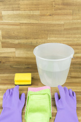 Spring cleaning, rubber gloves, bucket, sponge and cleaning rag