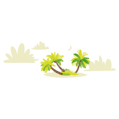 Vector flat travel, beach vacation symbols icon set. Summer holiday rest elements - palm sand island with landscape, clouds silhouettes. Isolated illustration, white background