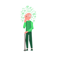 Vector flat old bald head man in casual clothing grey-haired standing in thoughtful pose with cane holding his chin thinking with questions above head. Isolated illustration, white background