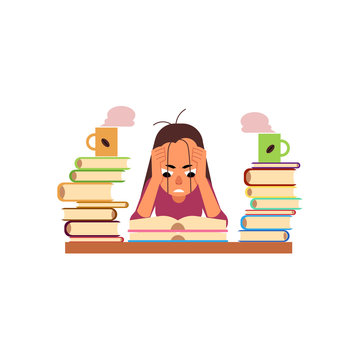 Vector flat exhausted tired angry girl student or worker sitting at table with books pile and coffee cup. Overwork or studying exams concept. Education and stress concept. Isolated illustration