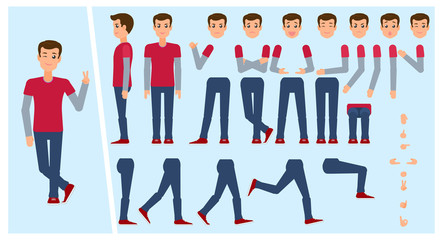 Young man, boy, student creation set with choice of poses, gestures, emotions, flat cartoon vector illustration. Animation ready creation set of young man portrait with changeable face, legs, arms © sabelskaya