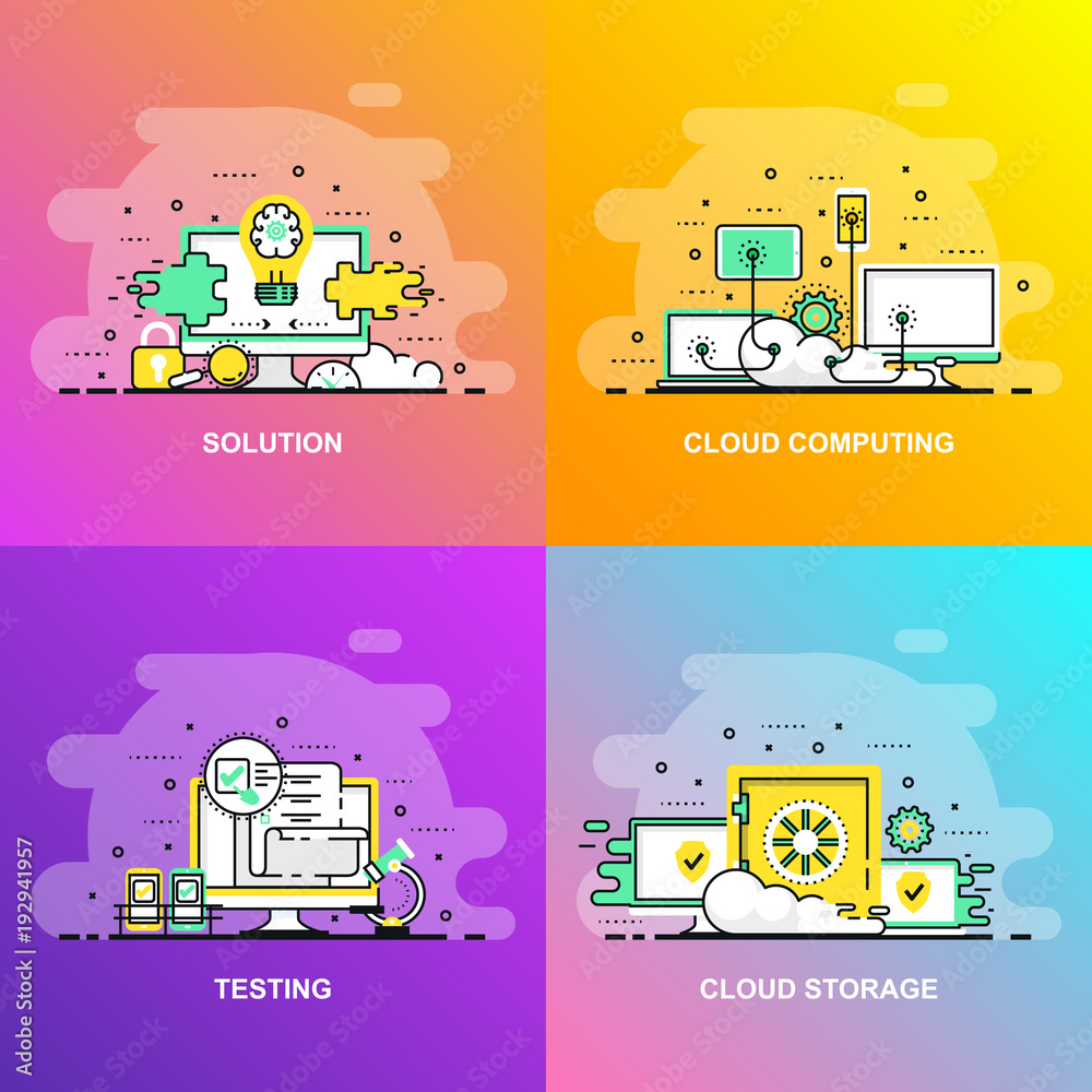 Fototapete modern smooth gradient flat line concept web banner of testing, solution, cloud computing and cloud 