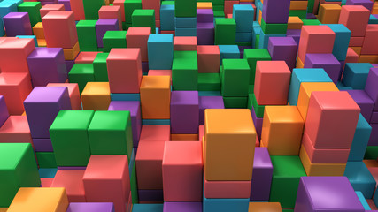 Fototapeta na wymiar Wall of blue, green, orange and purple cubes