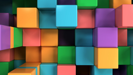 Wall of blue, green, orange and purple cubes