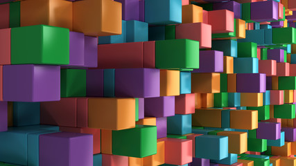 Wall of blue, green, orange and purple cubes