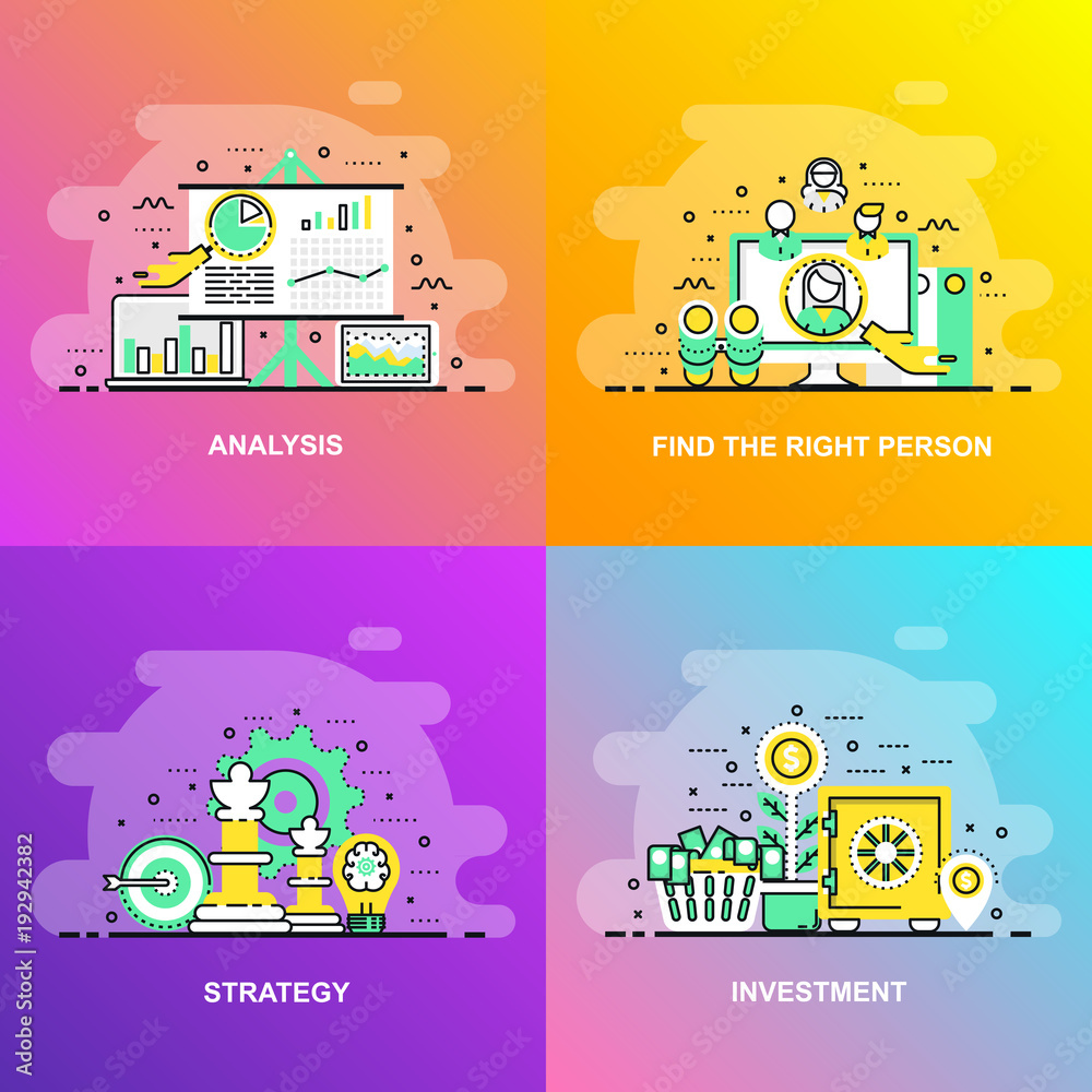 Poster Modern smooth gradient flat line concept web banner of Investment, Strategy, Analysis and Find the Right Person. Conceptual vector illustration for web design, marketing, and graphic design.