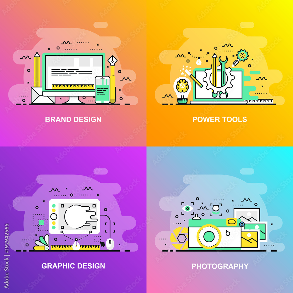 Poster modern smooth gradient flat line concept web banner of photography, graphic design, power tools and 