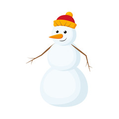 Cute, funny snowman with carrot nose in warm knitted hat, cartoon vector illustration isolated on white background. Cartoon snowman character, full length portrait