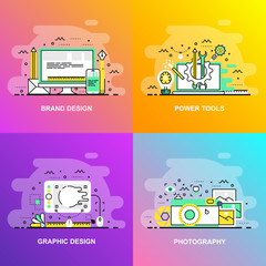 Modern smooth gradient flat line concept web banner of Photography, Graphic Design, Power Tools and Brand Design. Conceptual vector illustration for web design, marketing, and graphic design.