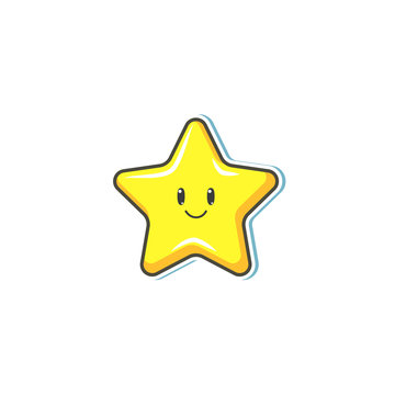 Vector cartoon yellow star with face smiling. Children shiny sticker, funny decoration for kids design. Isolated illustration on a white background