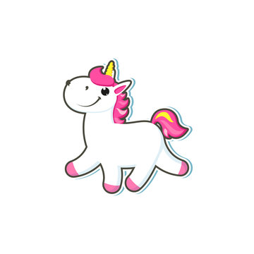 Vector cartoon funny stylized unicorn walking on four legs with colorful hair and pink horn. Fairy mysterious creature, isolated illustration on a white background